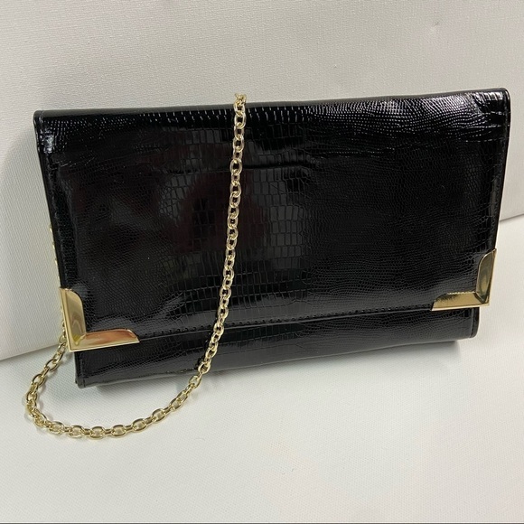 Style & Co. black patent leather clutch with gold chain - Picture 2 of 12